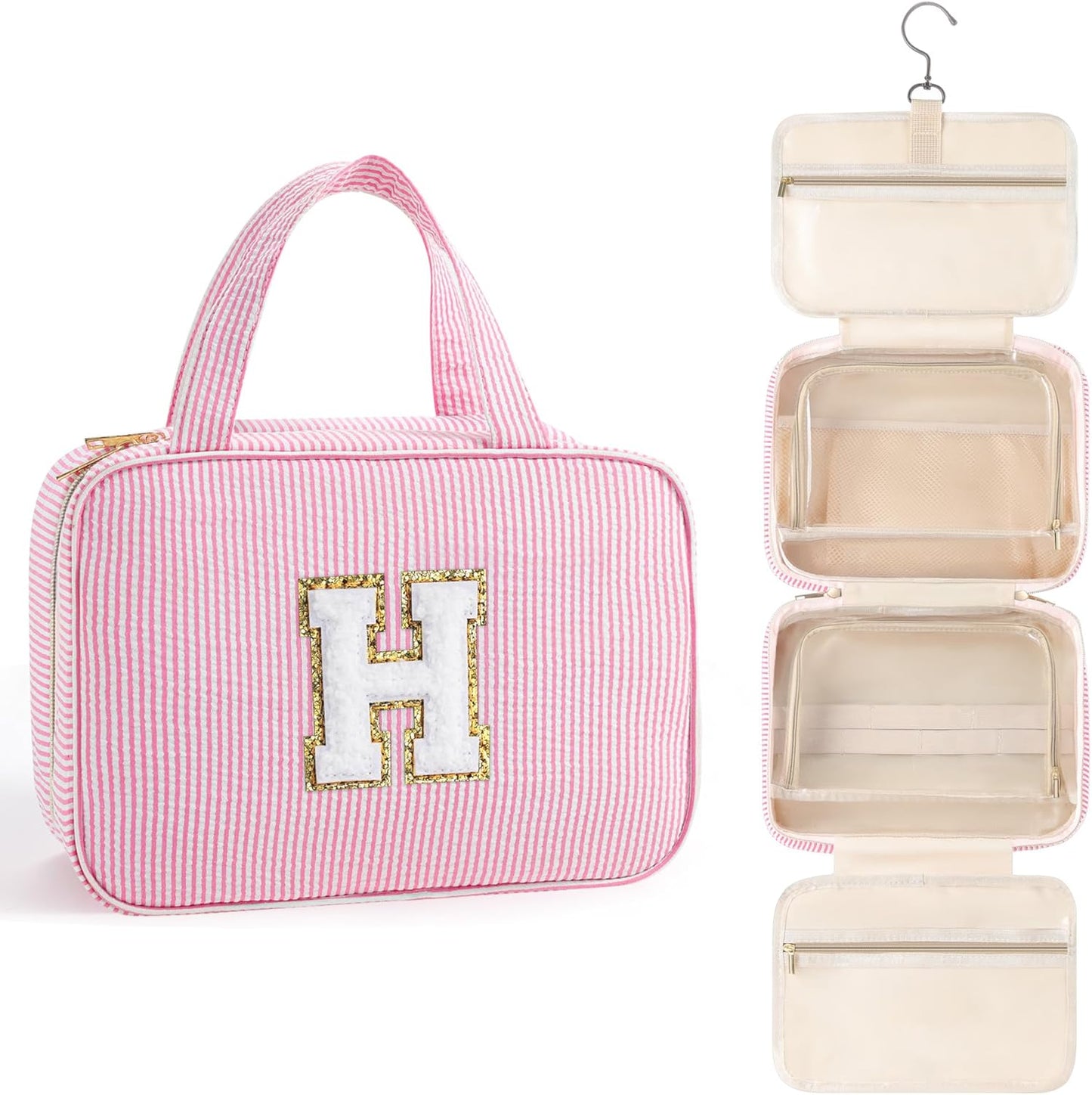 TOPEAST Travel Toiletry Bag for Women - Hanging Toiletry Bag, Personalized Initial Toiletry Bags for Traveling Women, Portable Travel Toiletry Bag for Toiletries, Cosmetics - Letter H,Pink - Roamly