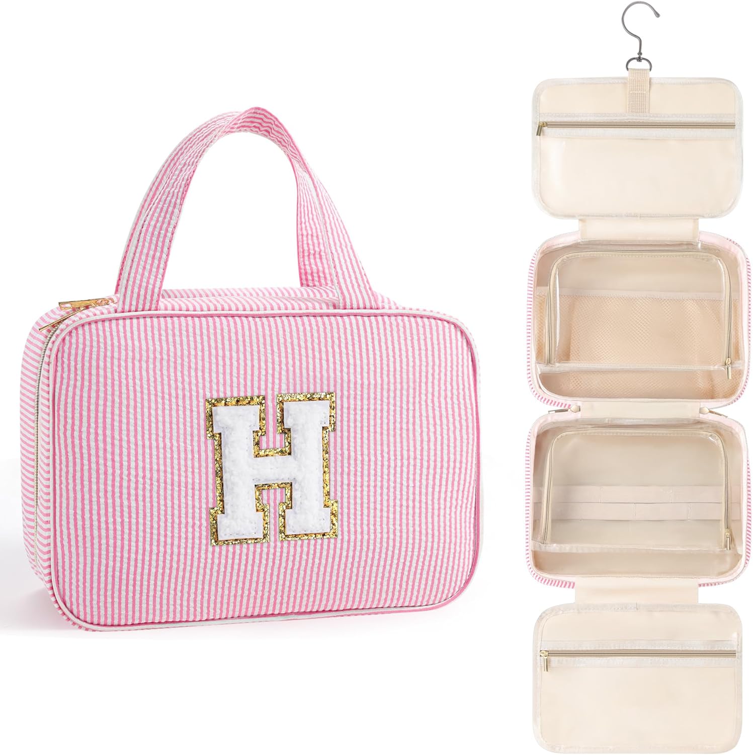 TOPEAST Travel Toiletry Bag for Women - Hanging Toiletry Bag, Personalized Initial Toiletry Bags for Traveling Women, Portable Travel Toiletry Bag for Toiletries, Cosmetics - Letter H,Pink - Roamly