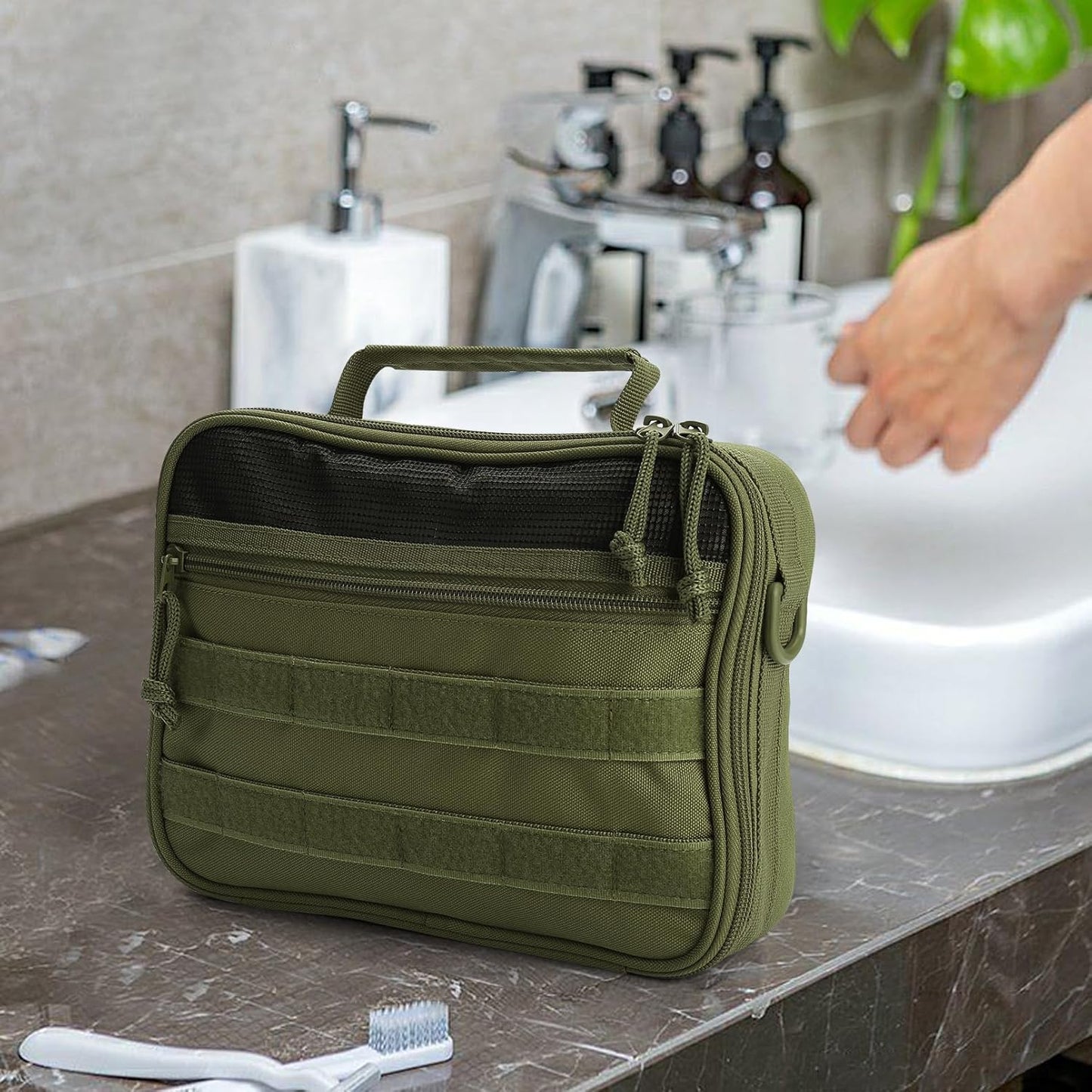 Travel Toiletry Bag for Men, Hanging Toiletry Bag, Portable Organizer Dopp Kit Shaving Bag for Toiletries Tactical Accessories Essentials - Army Green - Roamly