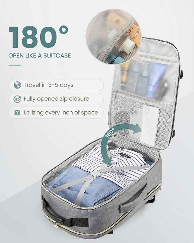 LOVEVOOK Travel Backpack for Women & Men 50L,Airline Approved Carry On Backpack Travel Essentials,TSA Carry on Luggage,Waterproof Personal Item Travel Bag,Suitcase with 3 Packing Cubes,Gray-Black