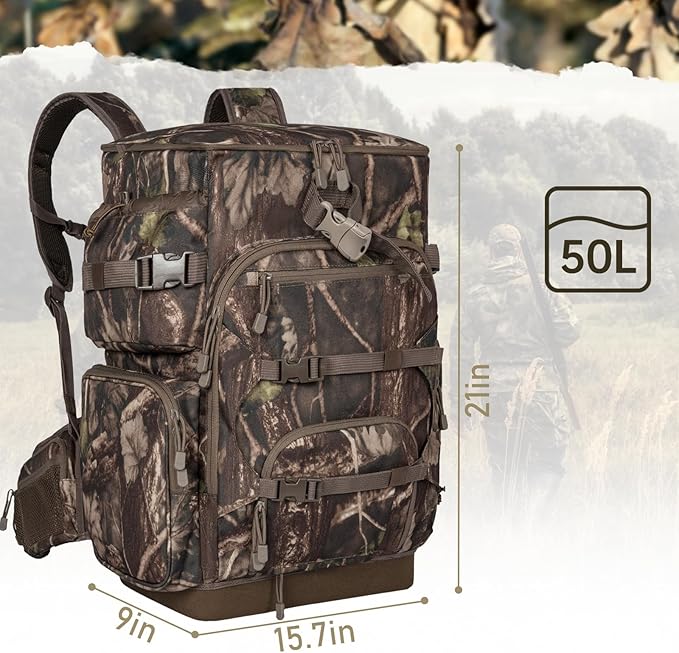 Hunting Backpack with Waterproof Rain Cover, Self Standing Hard Bottom, 50L Camo Hunting Day Pack for Bow Rifle Gun