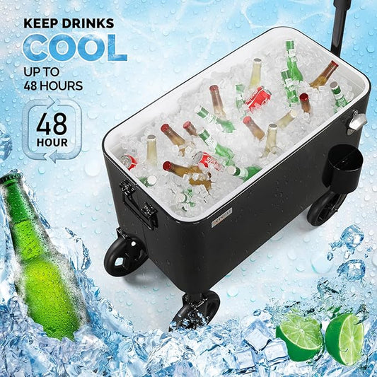 VINGLI 80 Quart Wagon Rolling Cooler Ice Chest, w/Long Handle and 10" Wheels, Portable Beach Patio Party Bar Cold Drink Beverage, Outdoor Park Cart on Wheels
