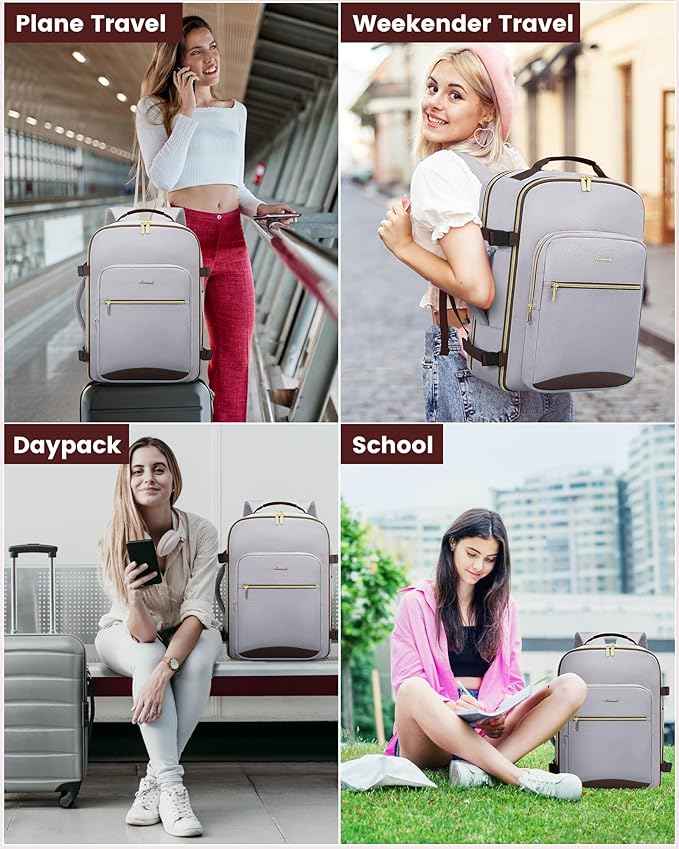 LOVEVOOK Travel Backpack for Women & Men 40L,Airline Approved Carry On Backpack Travel Essential,TSA Carry on Luggage,Personal Item Travel Bag,Suitcase with 3 Packing Cube,Light grey-Dark coffee color