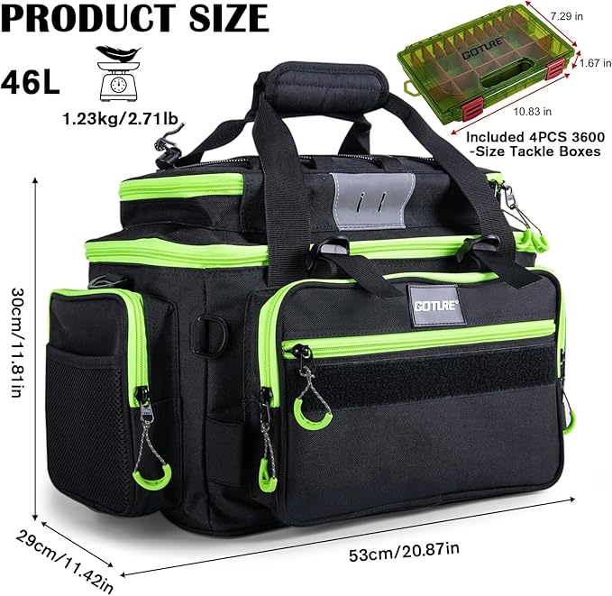 Goture Fishing Tackle Bag with 4pcs 3600 Tackle Boxes, 600D Water-Resistant Soft Side Saltwater Gear Storage Fishing Bag with Rod Straps, Detachable Water Bottle Pouch, Waterproof Bottom, SBS Zippers
