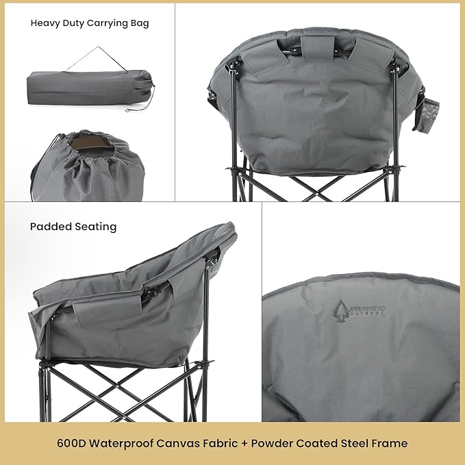 ARROWHEAD OUTDOOR 2-Pack Oversized Heavy-Duty Club Folding Camping Chair w/Pocket, Cup Holder, Portable, Padded, Moon, Round, Saucer, Supports 330lbs