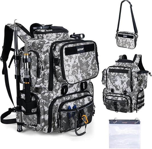Goture Fishing Backpack, 900D Water-Resistant Tackle Backpack with Rod Holders, 58L Large Storage Gear Fishing Tackle Bag with Detachable Crossbody Bag,8 Lure Pockets,Bottle Holder for Camping Hiking
