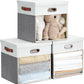 Fabric Storage Cubes with Clear Windows and Lids, 13'' Foldable Storage Bins with 3 Handles, Decorative Storage Boxes for Home, Bedroom, Closet, Office (Gray & White)