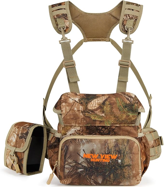 NEW VIEW Silent Binocular Harness Chest Pack, Hunting Bino Case with Dual MOLLE Straps, Binocular Harness with Detachable Chest Strap Rangefinder Pouch Rain Cover for Saddle Hunting Bird Watching