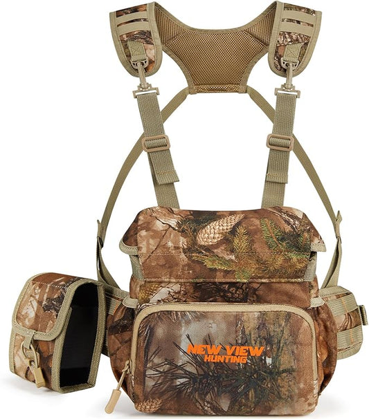 NEW VIEW Silent Binocular Harness Chest Pack, Hunting Bino Case with Dual MOLLE Straps, Binocular Harness with Detachable Chest Strap Rangefinder Pouch Rain Cover for Saddle Hunting Bird Watching