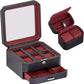 ROTHWELL Gift Set 6 Slot Leather Watch Box and 2 Watch Travel Case - Luxury Case Organizer, Microsuede Liner, Locking Mens Jewelry Watches Holder, Storage Boxes Glass Top (Black/Red Gift Set)