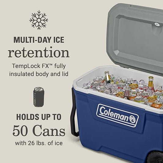 Coleman Classic Series Insulated Portable Rolling Cooler with Wheels, Leak-Resistant Outdoor Hard Cooler Keeps Ice up to 5 Days, 62-Quart