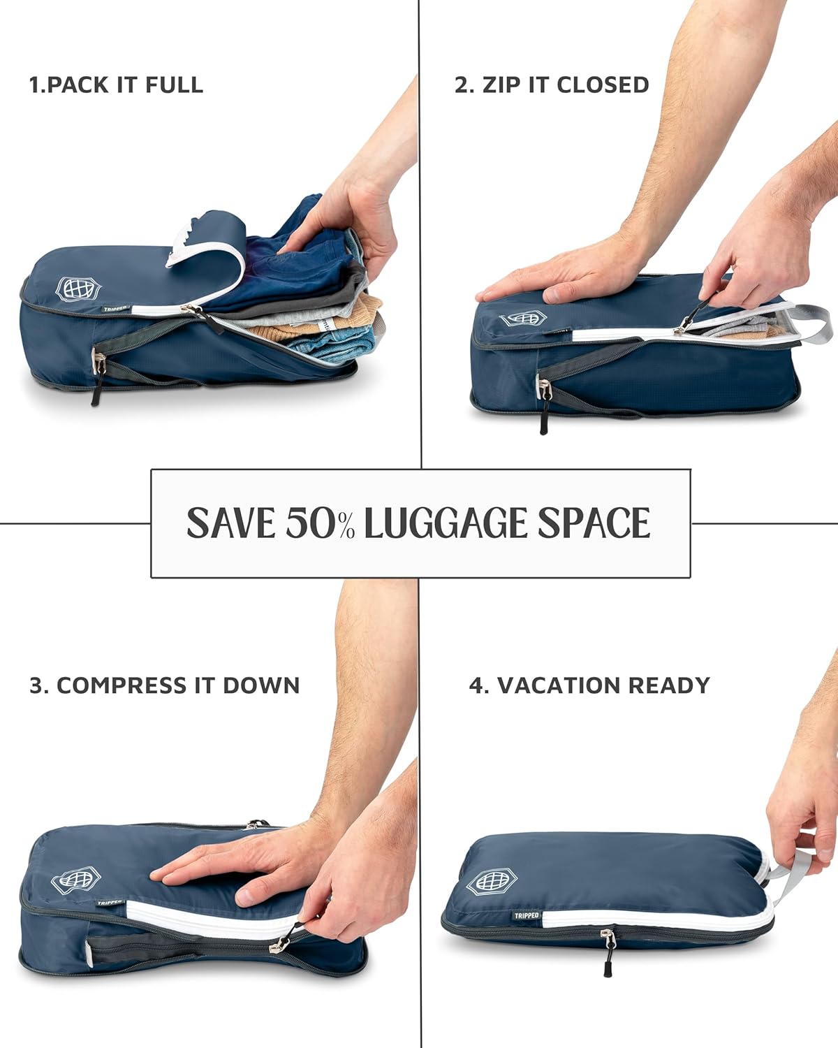 Large Compression Packing Cubes for Travel-Packing Cube Luggage Organizers 7 Piece Set for Checked Luggage-Ultralight, Expandable/Compression Bags by TRIPPED Travel Gear (Navy/White) - Roamly