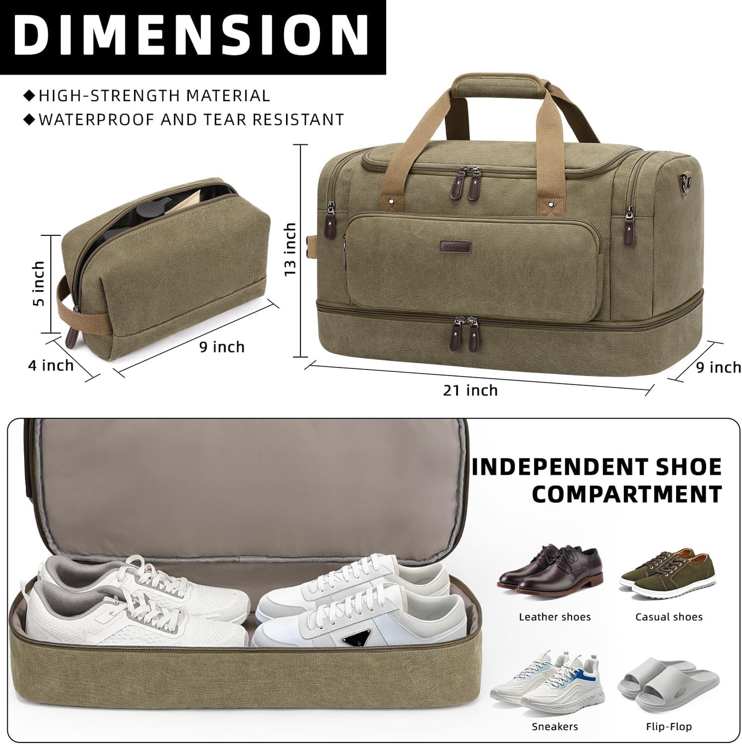 ZOMFELT Duffle Bag for travel, 40L Canvas Travel Duffel Bags for Men Women, Water Resistant Overnight Weekender Bag with Toiletry Bag & Shoe Compartment, Carry on Luggage Bag for Travel, Gym, Green - Roamly