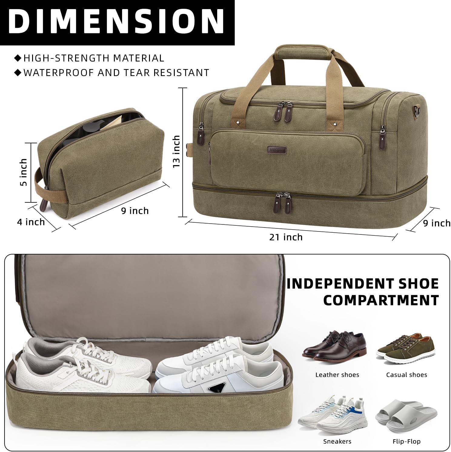 ZOMFELT Duffle Bag for travel, 40L Canvas Travel Duffel Bags for Men Women, Water Resistant Overnight Weekender Bag with Toiletry Bag & Shoe Compartment, Carry on Luggage Bag for Travel, Gym, Green - Roamly