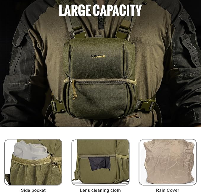 VISMIX Binocular Harness, Adjustable Binocular Harness Chest Pack with Rain Cover for Hunting Hiking Shooting