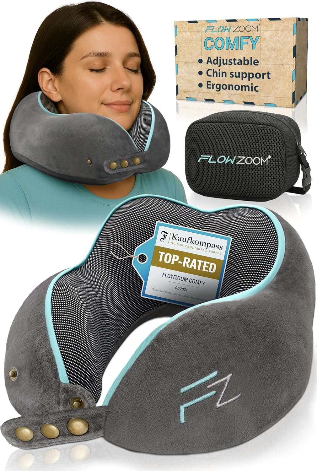 Memory Foam Travel Pillow for Airplanes & Car Rides - Adjustable Airplane Pillow with 360° Chin and Neck Support for Comfy Naps, Extra-Soft Washable Neck Pillow Cover, Squeezy Mesh Bag - Grey