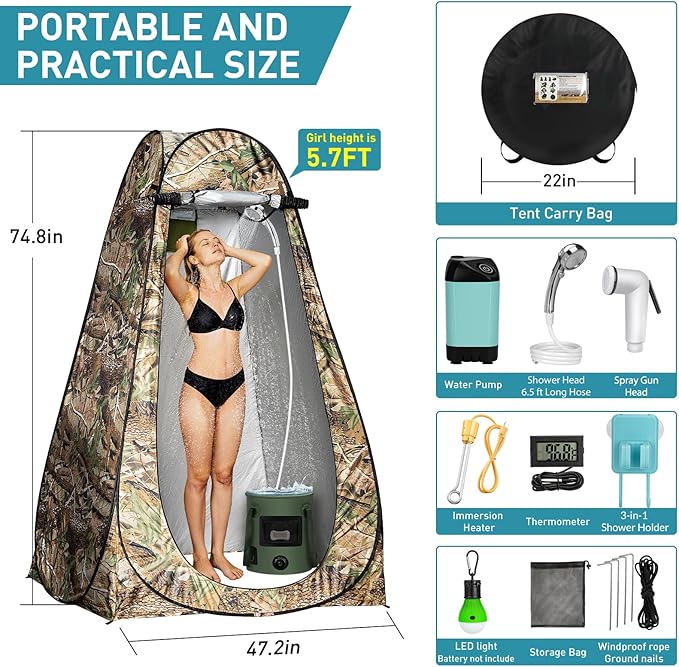 Portable Camping Shower, Pop Up Shower Privacy Tent Kit with LED Lights, 4500mAh Rechargeable Shower Pump, Filtered Shower Head & 7.4 Gallons Foldable Bucket, Outdoor Shower for Hiking Beach, Travel
