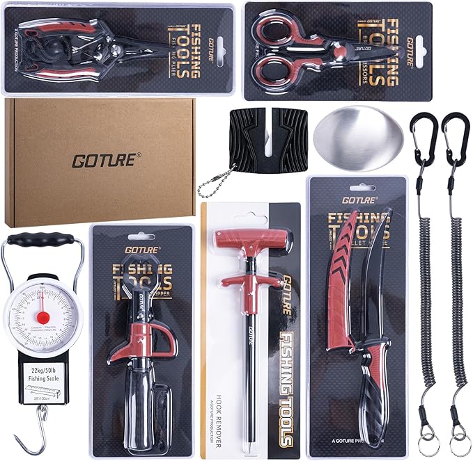 Goture Fishing Tool Kit,Fishing Pliers,Fillet Knife with Sheath,Fish Lip Gripper,Fish Hook Remover,Lanyard,Line Scissors,Sharpener,Stainless Steel Soap,Saltwater Gear Kit,Red/Pink,Gifts for Men/Women