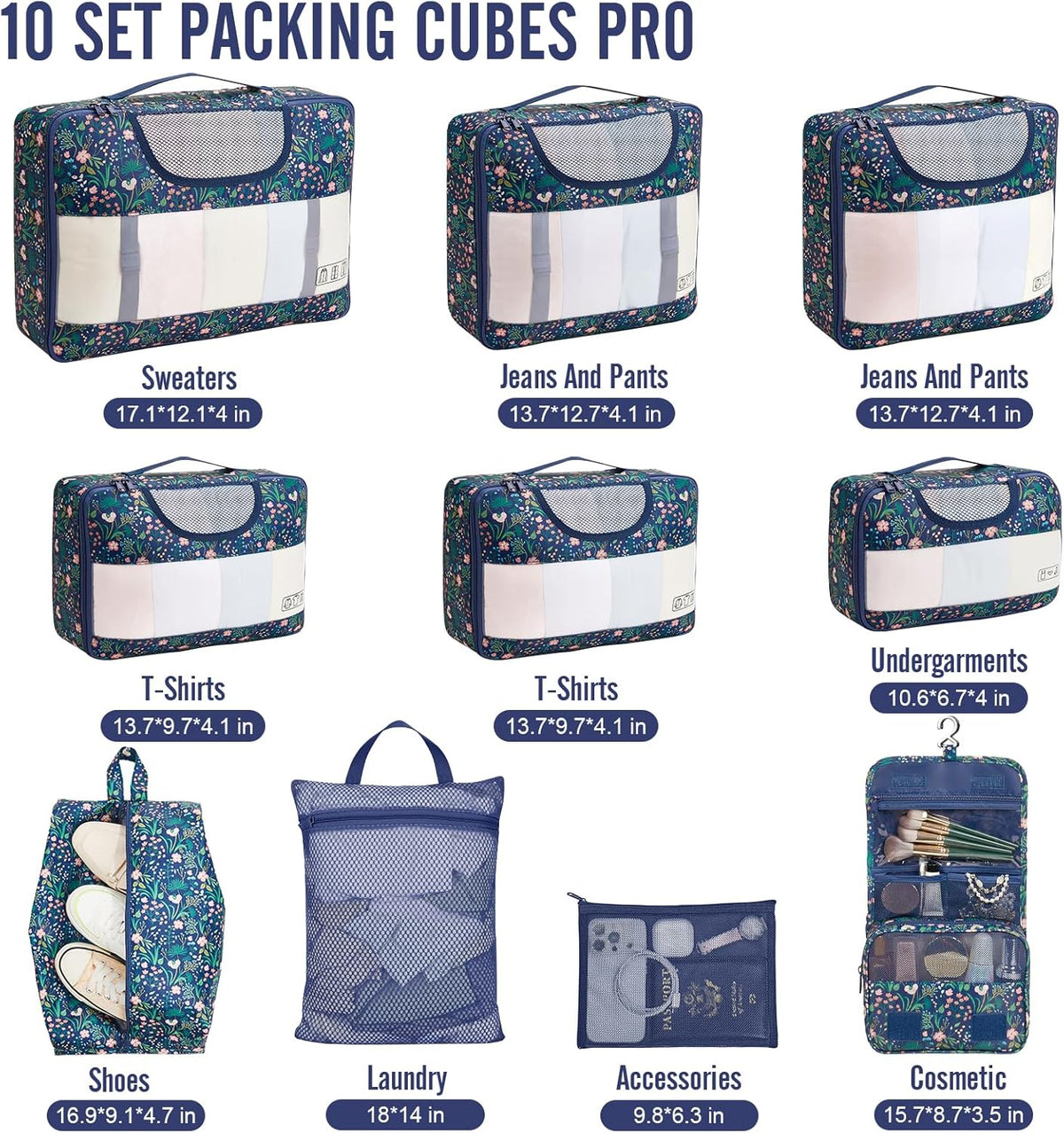 Veken 10 Set Packing Cubes for Travel Essential, Suitcase Organizer Bags in 4 Sizes, Carry-On Luggage Accessories with Large Laundry & Hanging Toiletry Bag, Must-Have for Airplane, Road Trip & Camping - Roamly