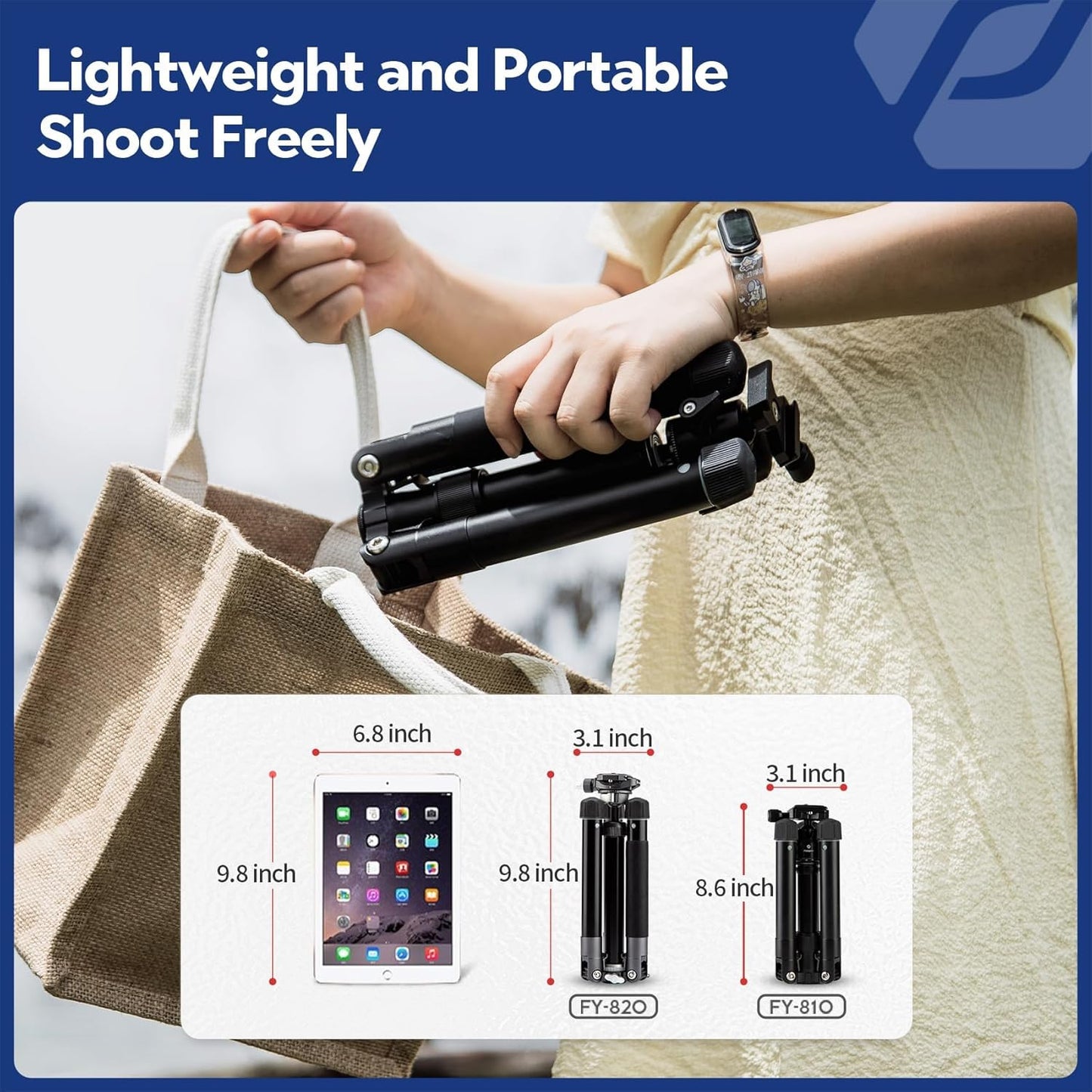 Fotopro Mini Tripod with Ball Head, Phone Mount Detachable Selfie Stick, Folded only 8.6", Max Load up to 6.6 lbs. FY-810 Blue