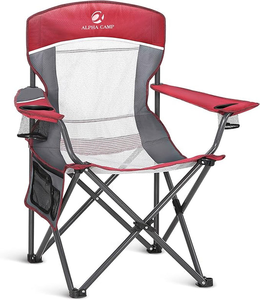 ALPHA CAMP Oversized Mesh Back Camping Folding Chair Heavy Duty Support 350 LBS Collapsible Steel Frame Quad Chair Padded Arm Chair with Cup Holder Portable for Outdoor (Red/Grey)