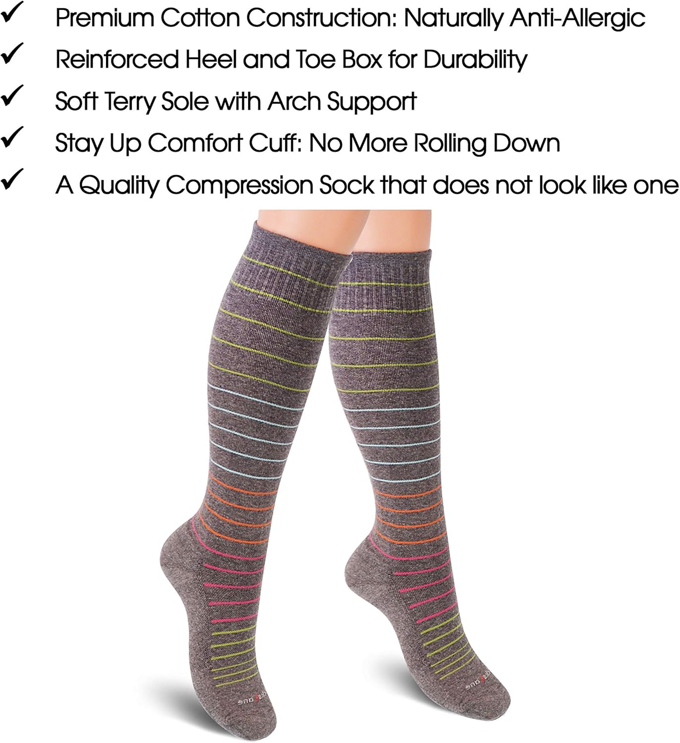 Cotton Compression Socks for Women & Men. 15-20 mmHg Support Knee-High Nude X/W