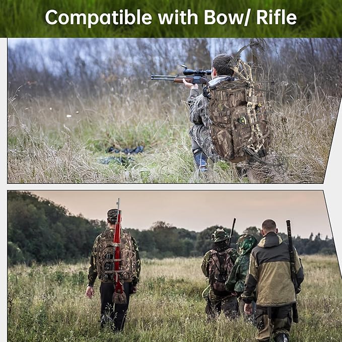 Hunting Backpack with Waterproof Rain Cover, Self Standing Hard Bottom, 50L Camo Hunting Day Pack for Bow Rifle Gun