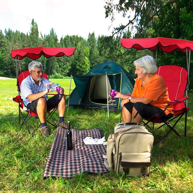 GYMAX Camping Chair, Folding Outdoor Lawn Chair with Canopy, Carry Bag & Cup Holder, Portable Heavy Duty Camp Chair for Outside Travel, Picnic, Beach Soccer Chairs (Red)