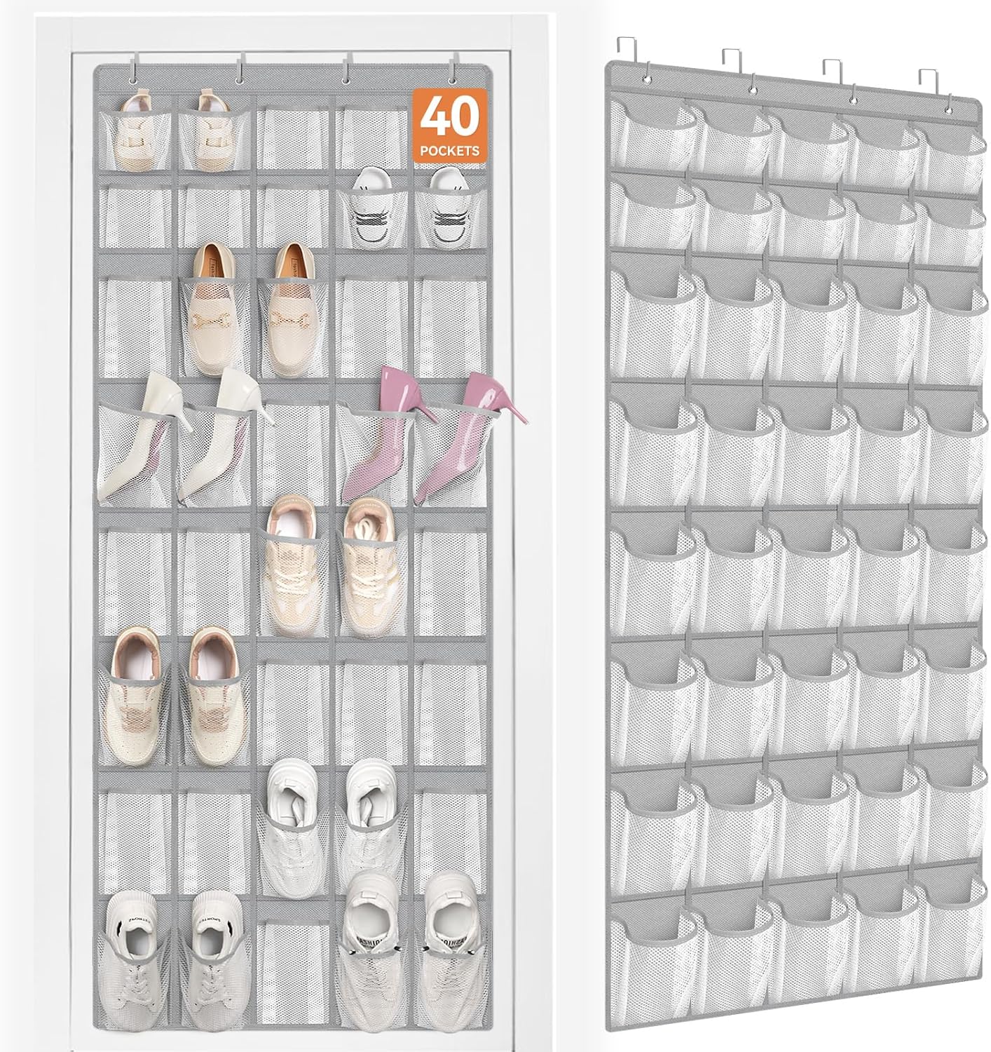 FENTEC 40 Large Pockets Over The Door Shoe Organizer, Mesh Hanging Shoe Organizer Shoe Rack for Closet Mesh Closet Shoe Holder, Over Door Organizer, Shoe Organizer for Wall, Grey, 1 Pack