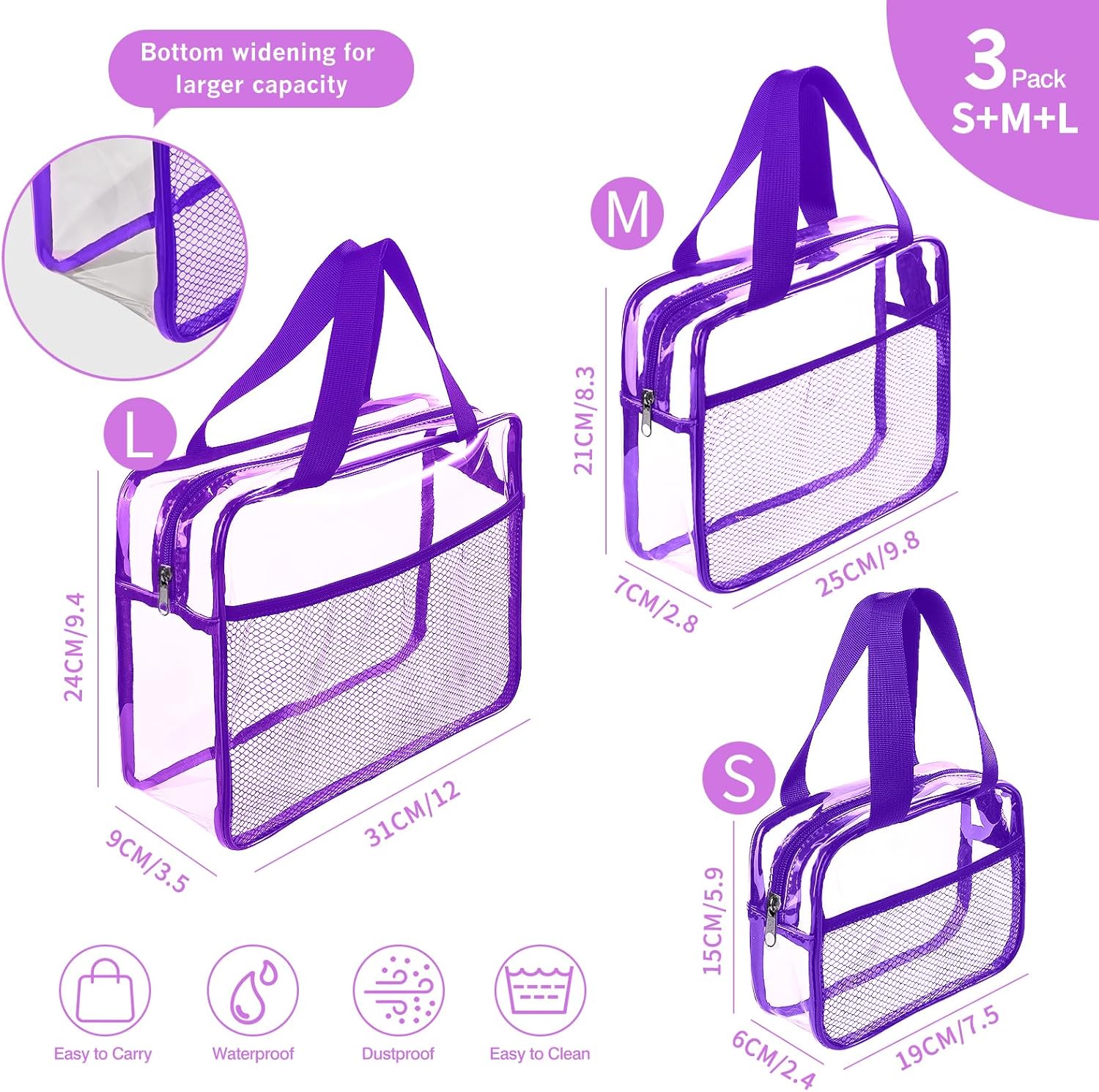 XEWEA Clear Travel Toiletry Bags, 3 Pack TSA Approved Transparent Makeup Bag for Men Women, Large Waterproof PVC Quart Organizer with Zipper for Toiletries Airline Essential,Toy Storage Pouch Purple - Roamly