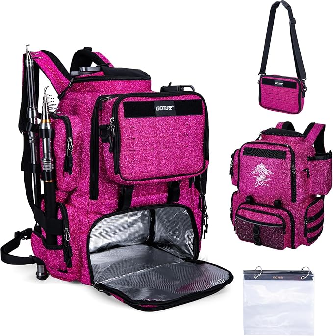 Goture Fishing Backpack, 58L 900D Water-Resistant Insulated Tackle Backpack with Cooler, Rod Holders, 8 Lure Pockets, Detachable Crossbody Bag, Gear Storage Large Fishing Bag for Camping Hiking