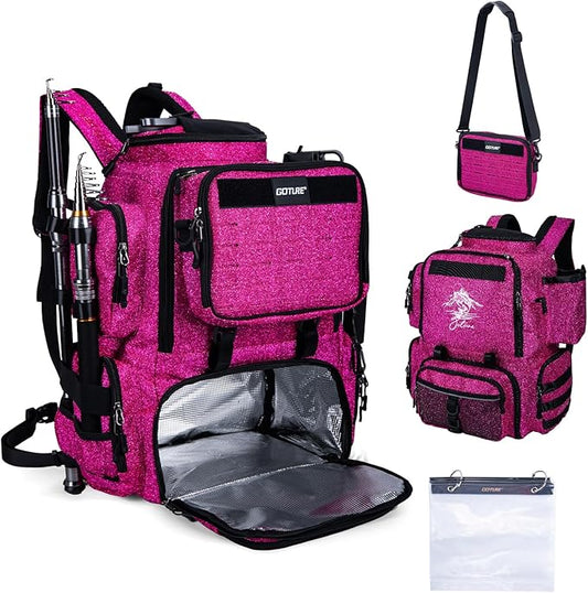 Goture Fishing Backpack, 58L 900D Water-Resistant Insulated Tackle Backpack with Cooler, Rod Holders, 8 Lure Pockets, Detachable Crossbody Bag, Gear Storage Large Fishing Bag for Camping Hiking