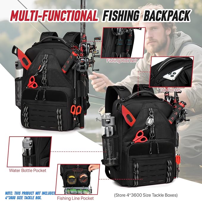 Fishing Tackle Backpack,Tackle Bags with 2 Rod Holders,Water-Resistant Tackle Bag Storage Bag for Fishing Gear(Black)