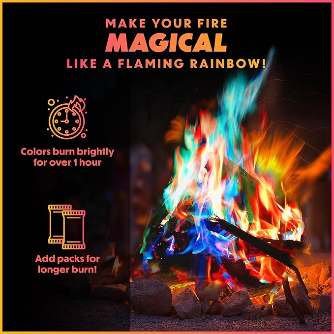 Magical Flames Fire Color Packets (50 Pack), Vibrant Multi-Color Fire for Fire Pits, Campfires, Bonfires & Fireplaces - Camping Essentials & Outdoor Party Accessories