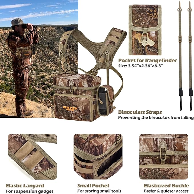 NEW VIEW Bino Packs for Hunting - Binocular Straps Harness Chest Pack with Detachable Rangefinder Pouch, Adjustable Camo Binos Harness & Rain Cover - Ideal for Bow Hunter- Large