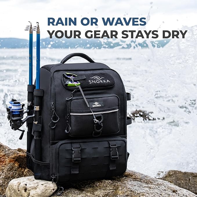 Fishing Backpack with Tackle Boxes and Rod Holders 40L; Plus Rain Cover, Padded Back Support, Insulated Front Pocket for Hot/Cold Lunch, Water Bottle Holder (Tactical Black)