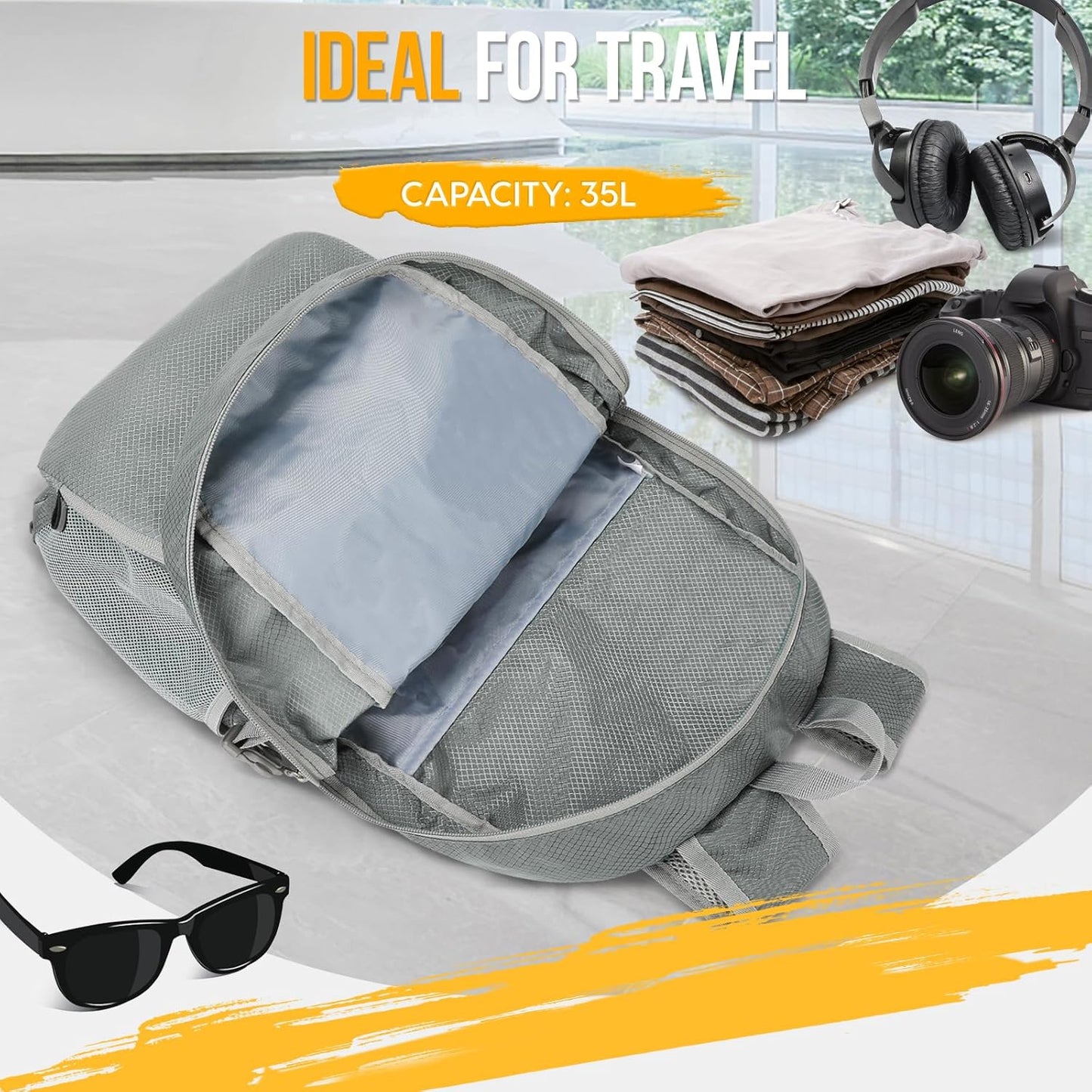 ZOMAKE Lightweight Packable Backpack 35L, Light Foldable Backpacks Water Resistant Collapsible Hiking Bag, Compact Folding Day Pack for Travel Camping(Sliver Grey) - Roamly