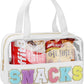 Snack Bag for Travel - Chenille Letter Clear Makeup Bag, Large Preppy Patch Snack Cosmetic Bag with Handle and Zipper, Cute Makeup Pouch Nylon&PVC Waterproof Toiletry Organizer Storage for Women Girls