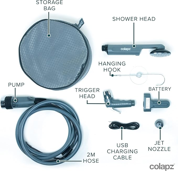 Colapz 12V Camping Shower Portable - High Pressure Outdoor USB Rechargeable Camping Shower - Kit with 9 Gallon Water Bag - Van Life RV Beach Hiking Dog Washing
