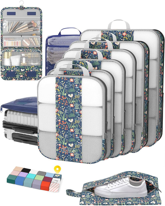 10 Set Compression Packing Cubes for Travel Essentials,Compressible Expandable Packing Cubes for Suitcase,OlarHike Luggage Organizer Bags,Handy Helper for Organizing Clothes(Dark Blue Floral) - Roamly