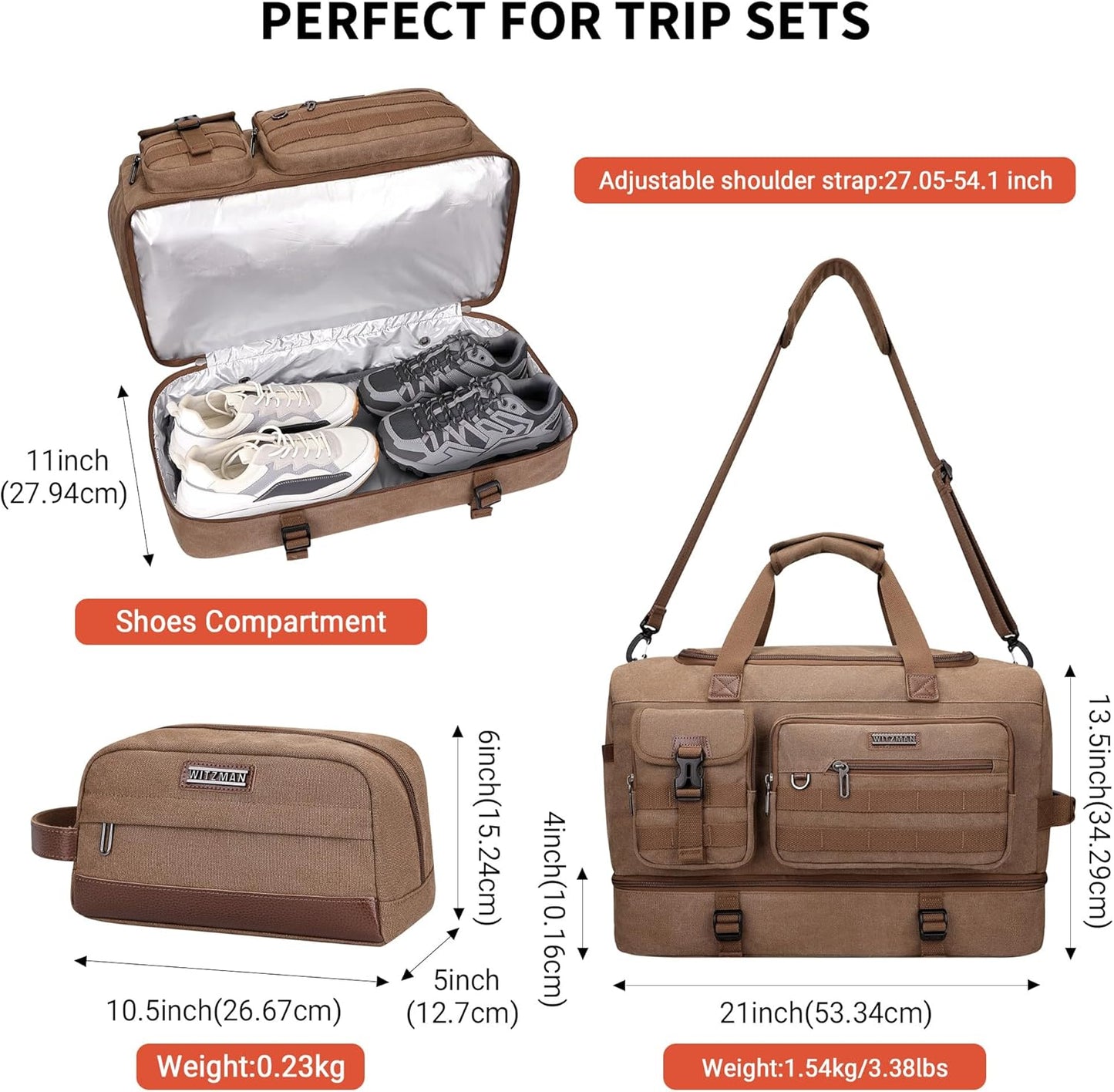 WITZMAN Duffle Bag for Men 50L Canvas Weekender Overnight Bag with Toiletry Bag Sets Travel Duffel Bag Shoes Compartment（A8010-2 Brown） - Roamly