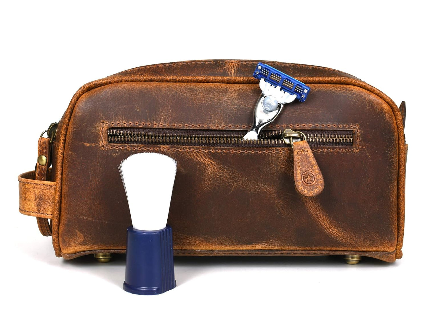 10" Premium Leather Toiletry Travel Pouch With Waterproof Lining | King-Size Handcrafted Vintage Dopp - Kit ~ Gift for Father's Day By Aaron Leather Goods (Copper) - Roamly