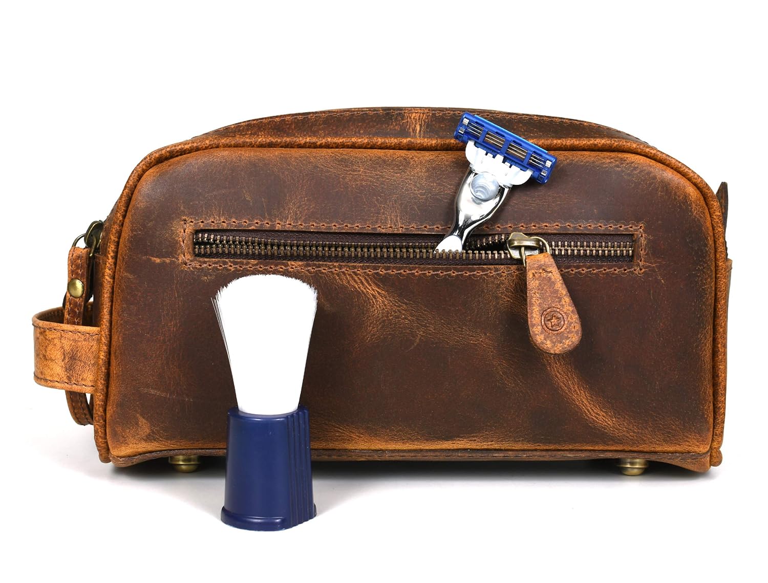 10" Premium Leather Toiletry Travel Pouch With Waterproof Lining | King-Size Handcrafted Vintage Dopp - Kit ~ Gift for Father's Day By Aaron Leather Goods (Copper) - Roamly