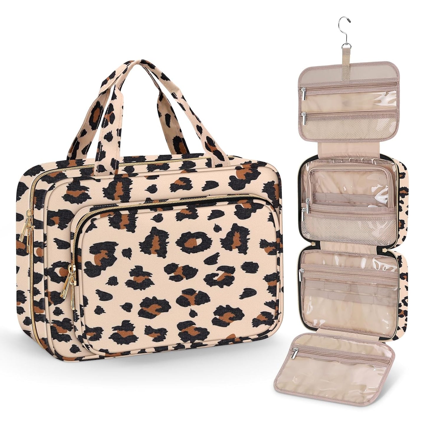 Wedama Toiletry Bag for Women, Medium Cosmetic Travel Bag, Hanging Toiletry Bag for Bathroom, PVC Waterproof Makeup Bag, Toiletries Bag for Travel Business Trips and Camping, Leopard Print - Roamly