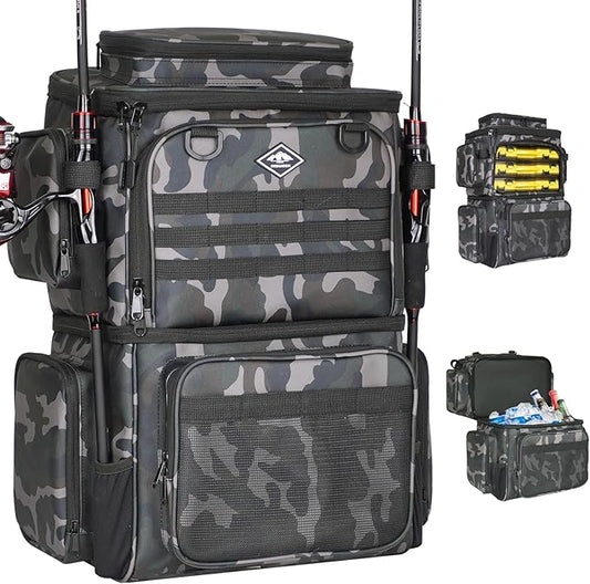 Fishing Tackle Backpack with Cooler Bag, 53L Waterproof Fishing Bag with 2 Rod Holders, Large Fishing Backpacks with Bottle Holder & Coolers, Tackle Storage, Heavy Duty Outdoor Cooler Backpack for Men
