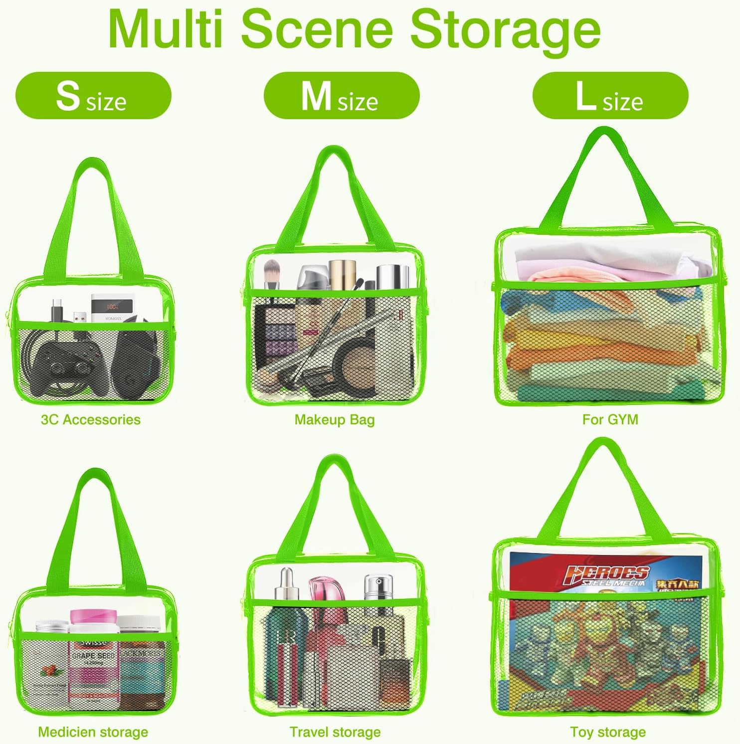 XEWEA Clear Travel Toiletry Bags, 3 Pack TSA Approved Transparent Makeup Bag for Men Women, Large Waterproof PVC Quart Organizer with Zipper for Toiletries Airline Essential,Toy Storage Pouch Green - Roamly