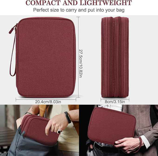 FYY Electronic Organizer, Extra Large Travel Cable Organizer Bag Pouch Portable Waterproof Double Layers All-in-One Storage Bag for iPad, Cable, Power Bank, Laptop Charger for Office/Home, Wine Red