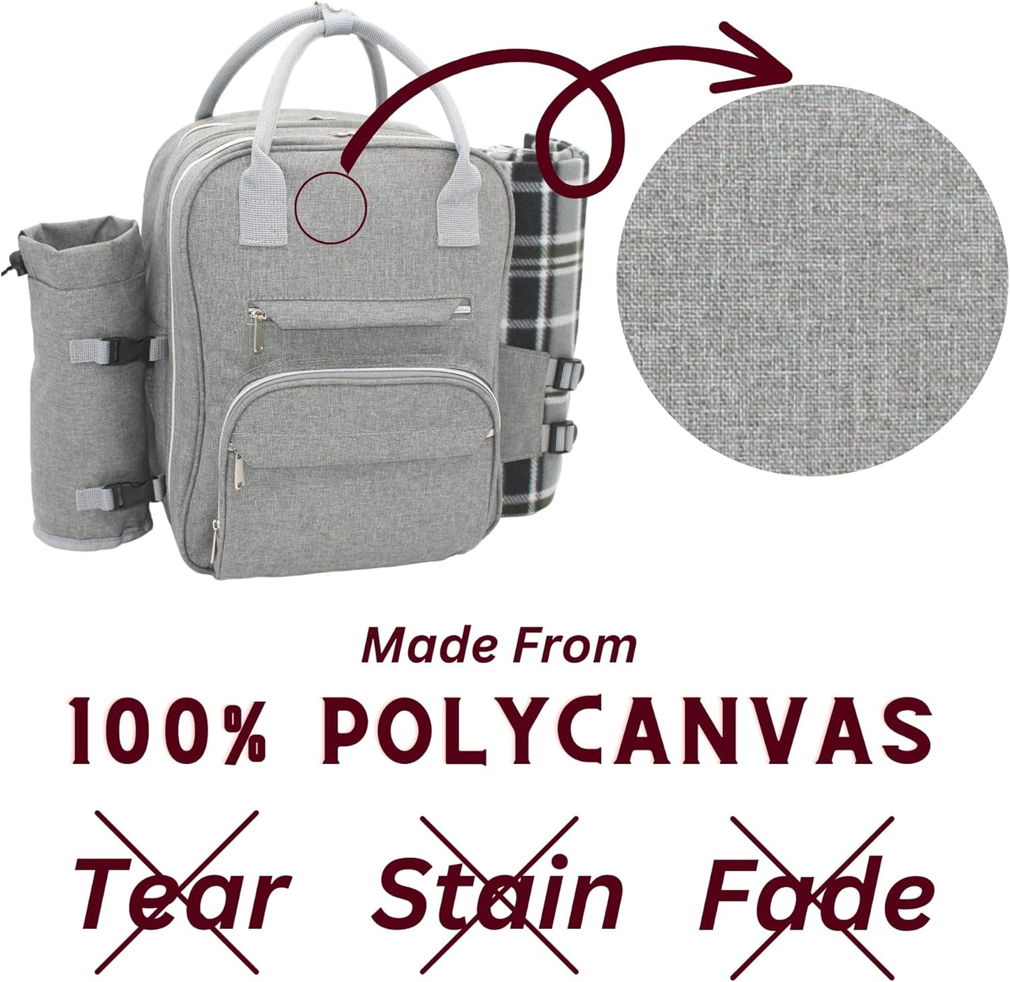 Truvelli Picnic Backpack for 4 with Blanket – 12-in-1 Insulated Picnic Basket Backpack Set with‬ Wine Holder, Cheese Board & Cutlery – Premium Picnic Back Pack for Family & Group‬ Adventures, Gray
