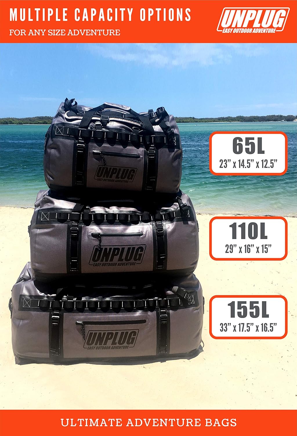 UNPLUG Waterproof Bags for Travel -1680D Heavy Duty Waterproof Duffel Bag for Camping, Motorcycle Dry Bag, Hunting Bag, Bug Out Bag, Waterproof Bags for Boating. Tactical Duffle Bag (155L Storm Grey) - Roamly