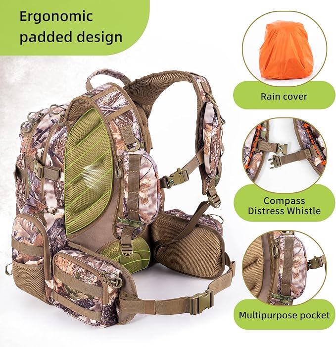 BLISSWILL Large Hunting Backpack with padded weapon compartment for Bow Rifle with Waterproof Rain Cover Hunting Gear Accessories 40L(Supercamo Timber)